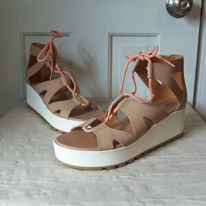 New Sorel Cameron Lace Up Wedge Platform Sandal Tan sz 11